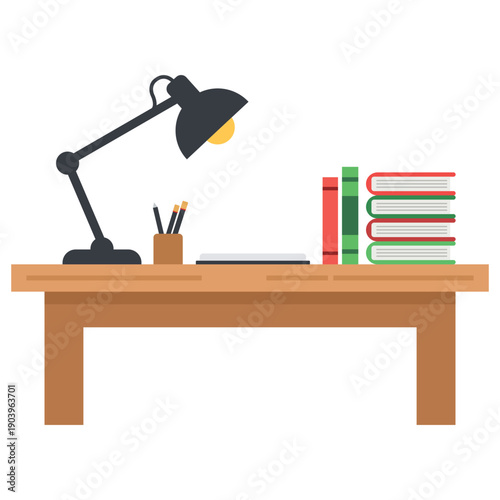 Desk Essentials: A meticulously organized workspace featuring a sleek desk lamp, stacked books, and writing instruments, perfect for focused study or creative endeavors.