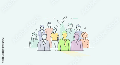 Concept illustration of diverse group with highlighted individual and approval check mark.