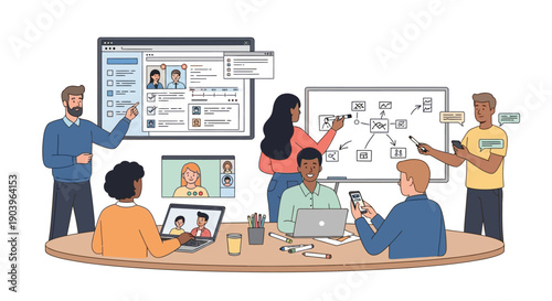 Team of diverse professionals collaborating on project planning and video conference.