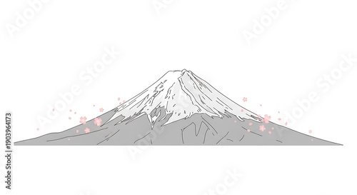 Mount Fuji illustration depicts the iconic snow-capped peak of Japan's tallest mountain adorned with delicate pink cherry blossoms against a pristine white background, symbolizing natural beauty.