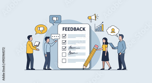 Illustration of diverse people giving feedback with checklist and communication icons.