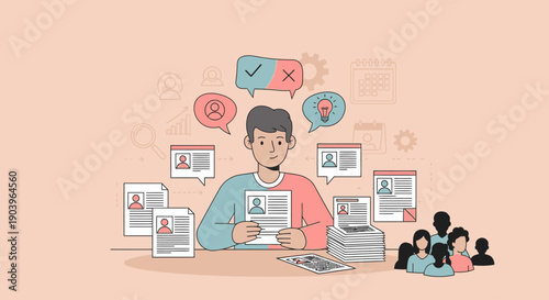 Man analyzing resumes and profiles for recruitment and hiring process.