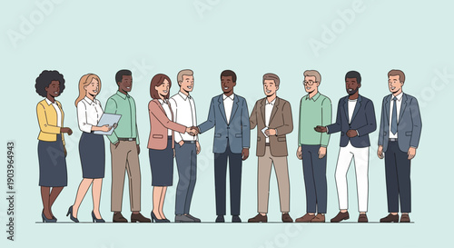 Diverse group of professional business people standing together in formal attire.