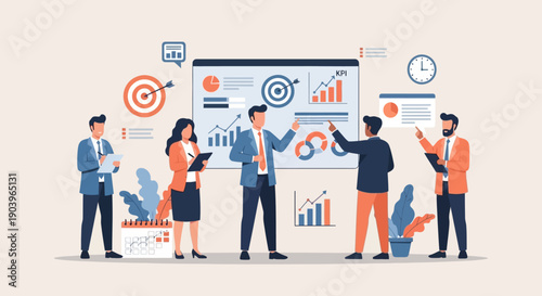 Business team discussing marketing strategy with charts and data analysis.