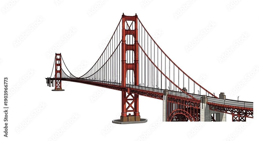Fototapeta premium The iconic Golden Gate Bridge structure is isolated against a stark white background for graphic use.