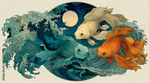 Koi Fish Yin Yang Ocean Waves Japanese Woodblock Style