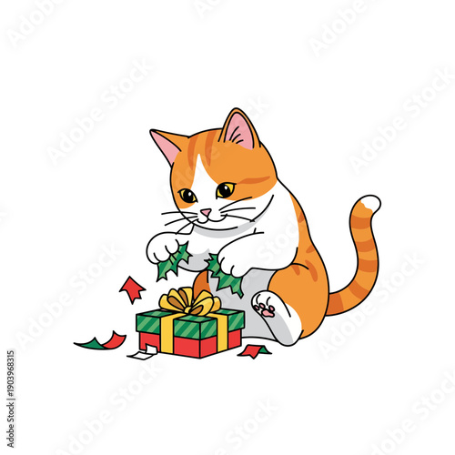 Whimsical orange and white cat playing with holly leaves and wrapped gift box on floor, cute cartoon style, Christmas theme, festive atmosphere, feline fun