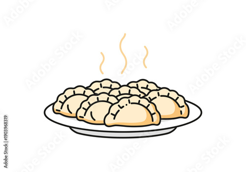 Steaming plate of golden-brown empanadas, savory pastries, Latin American cuisine, food illustration, vector graphics, flat design, minimalist style, culinary art, gourmet dish, delicious me
