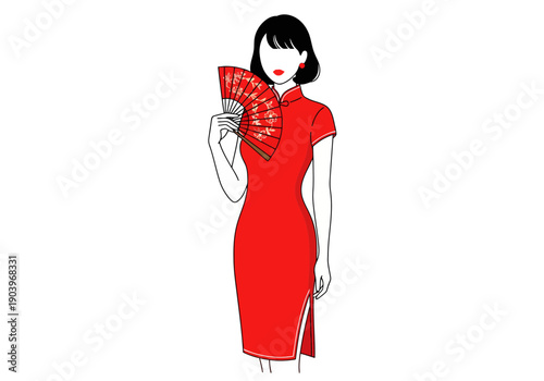 Woman in traditional Chinese cheongsam dress holding fan, modern minimalist line art style, cultural fashion concept, Chinese New Year, beauty, elegant, elegant woman, portrait