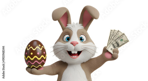 Easter bunny holding chocolate egg and money