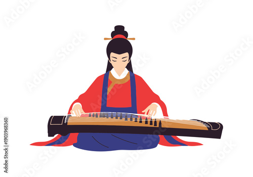 Traditional Chinese woman playing guqin, ancient zither, seated in lotus position, vibrant red and blue hanfu, elegant hairstyle, cultural heritage, musical instrument, serene atmosphere, ar