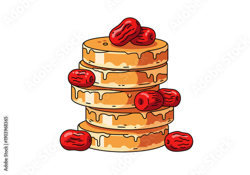 Stack of fluffy pancakes with syrup and strawberries on top in a colorful cartoon style for breakfast or brunch advertising and food blogs featuring sweet treats