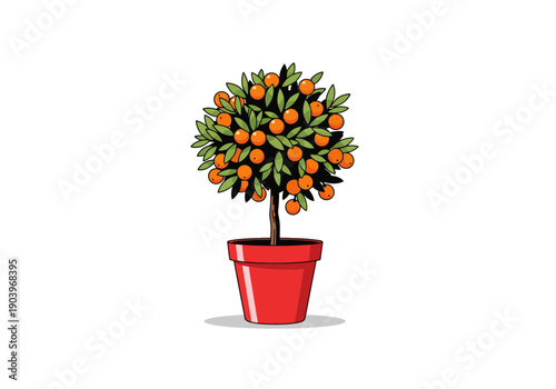 Vibrant cartoon potted orange tree with green leaves and ripe fruits in a bright red container on white background, artistic modern design