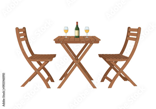 Wooden outdoor table set with two chairs and wine bottle with glasses for patio or garden relaxation