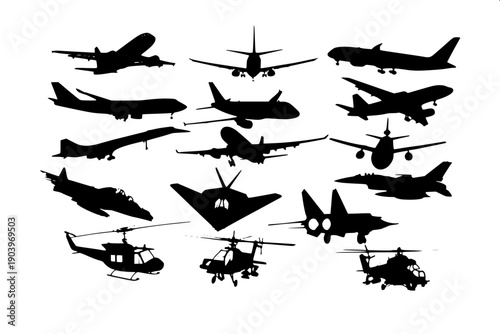 Military aircraft top perspective silhouette, solid black vector clipart, clean geometric jet shape, light background