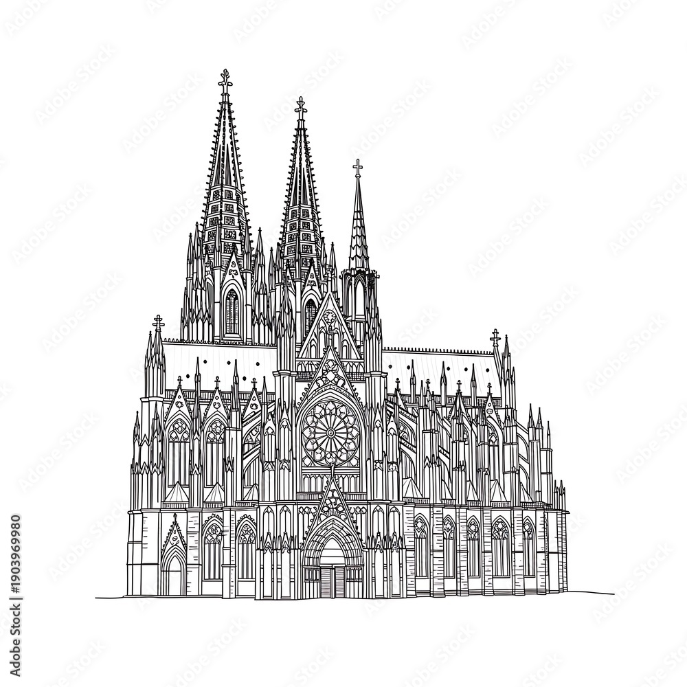 Fototapeta premium A detailed black and white line drawing depicts the ornate Gothic facade of a large European cathedral.