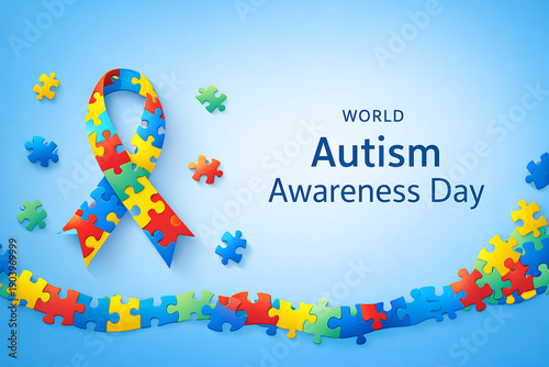 World Autism Awareness Day Banner With Colorful Puzzle Ribbon on Blue Background