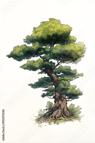 Tall evergreen pine tree watercolor illustration on white background