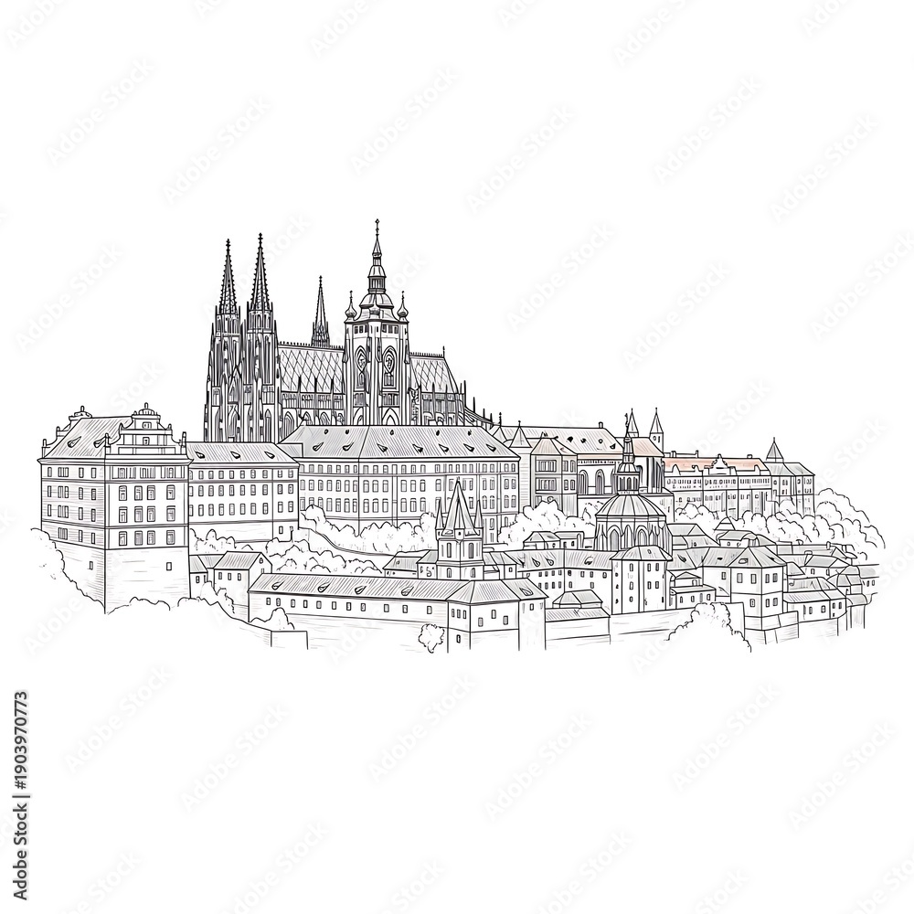 Obraz premium A black and white line drawing shows the intricate outline of Prague Castle complex situated above surrounding cityscape elements.