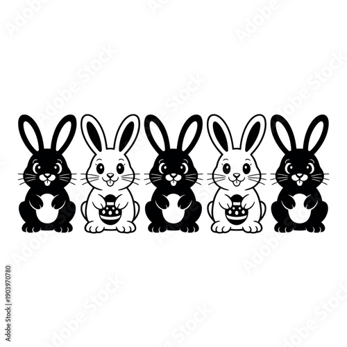A group of cute cartoon bunnies holding Easter eggs in a black and white illustration