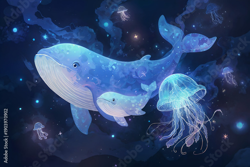 Whimsical blue whale and calf swimming with jellyfish underwater