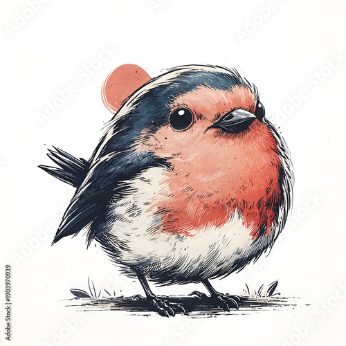 Cute round robin bird illustration with red breast and sun