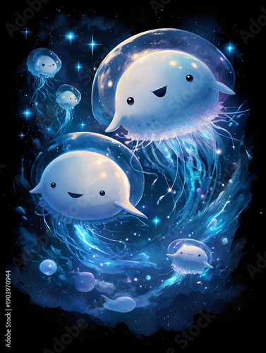 Cute bioluminescent jellyfish characters floating in deep blue ocean