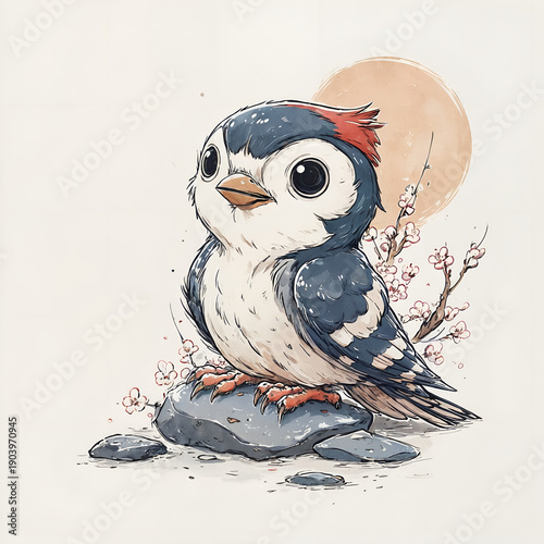 Cute woodpecker character on stone with spring blossoms