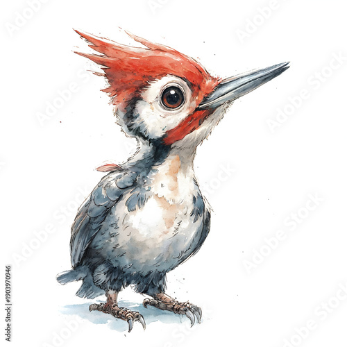 Cute woodpecker chick illustration with spiky red crest