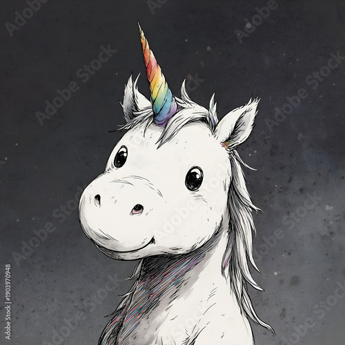 Cute white unicorn illustration with rainbow horn and dark background