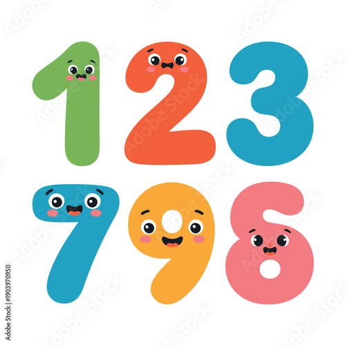 A colorful illustration of cartoon numbers with smiling faces on a white background