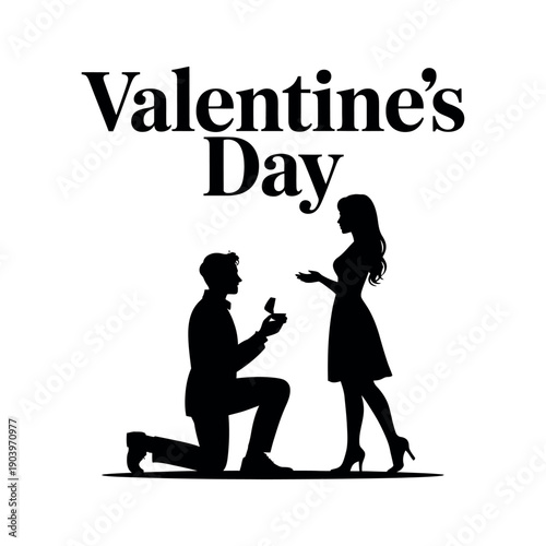 A romantic Valentine's Day proposal scene with a man kneeling and holding a ring towards a woman.