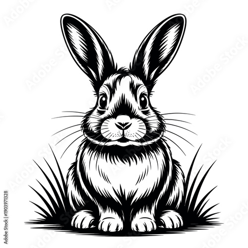 A black and white illustration of a cute rabbit sitting in the grass with big ears