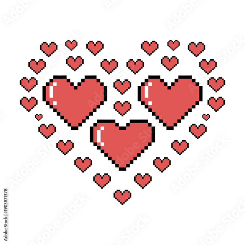 A heartwarming pixel art illustration of multiple red hearts on a white background