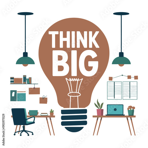 A motivational office workspace with a large lightbulb and the words 'THINK BIG' to inspire creativity and productivity