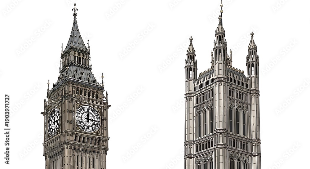 Fototapeta premium The Elizabeth Tower clock face and the Victoria Tower section of the Houses of Parliament stand side by side as architectural elements.