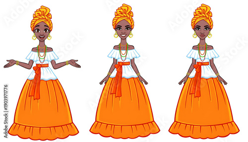 Illustrative characters of a Baiana do Acarajé (a woman selling acarajé, a traditional Bahian street food), with traditional clothing from Bahian culture. Baiana do Acarajé from Brazil