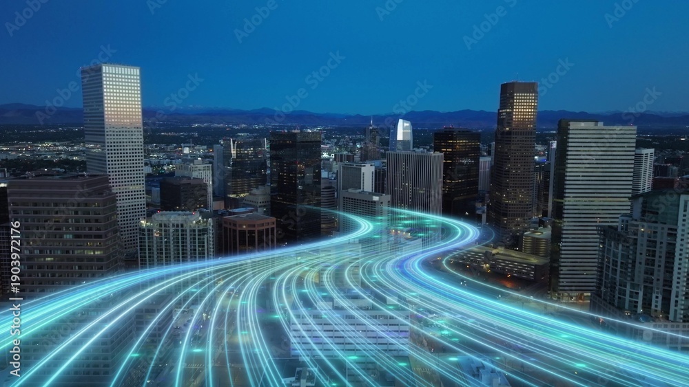 Obraz premium Modern American smart city with skyscrapers and digital animation showing business digitalization and new era of entrepreneurship