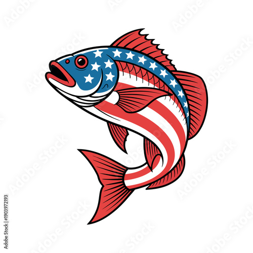 An American flag painted fish swimming in the ocean with vibrant colors and stars