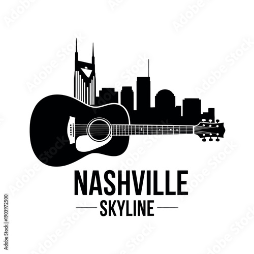 A black silhouette of a guitar in front of the Nashville city skyline