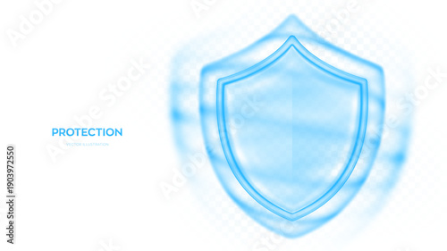 Protection shield isolated on white background. Blue transparent glass security shield for healthcare, cybersecurity, crypto data protection. Safety symbol for firewall, antivirus, insurance. Vector.