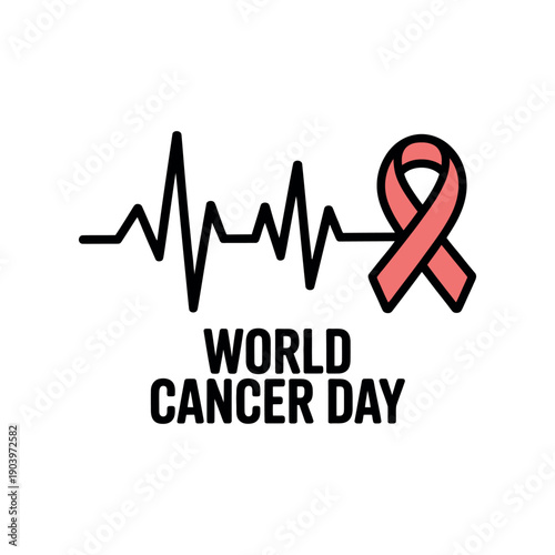 A pink ribbon and ECG line on World Cancer Day for health awareness and support