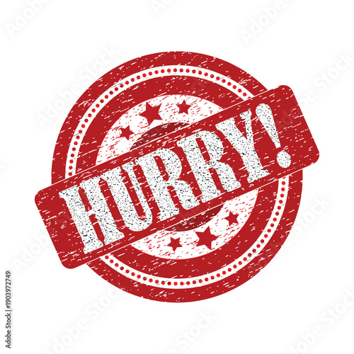 hurry red stamp with stars and circular design