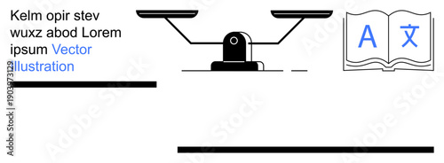 Translation services, language learning, legal concepts, education, balance, communication. ion of balanced scales and a book with letters A and a symbol. Translation services and language learning