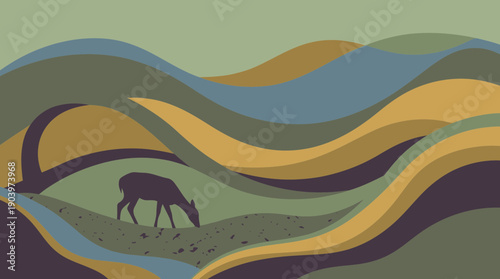 Serene landscape with deer grazing on rolling hills
