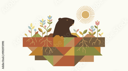 Brown bear emerging from geometric earth with colorful plants and sun