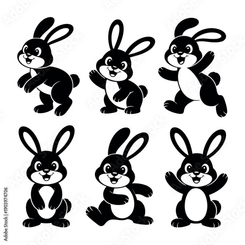 A set of six cute cartoon rabbits in various playful poses and expressions