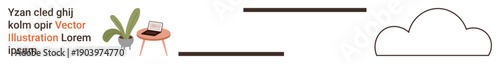 Remote work, cloud storage, digital organization, modern workspace, online access, data management. Laptop on table with plant, line segments and cloud icon. Remote work and cloud storage concepts