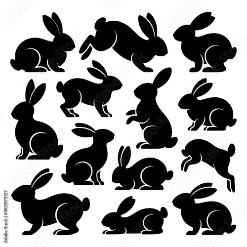 A collection of black rabbit silhouettes on a white background