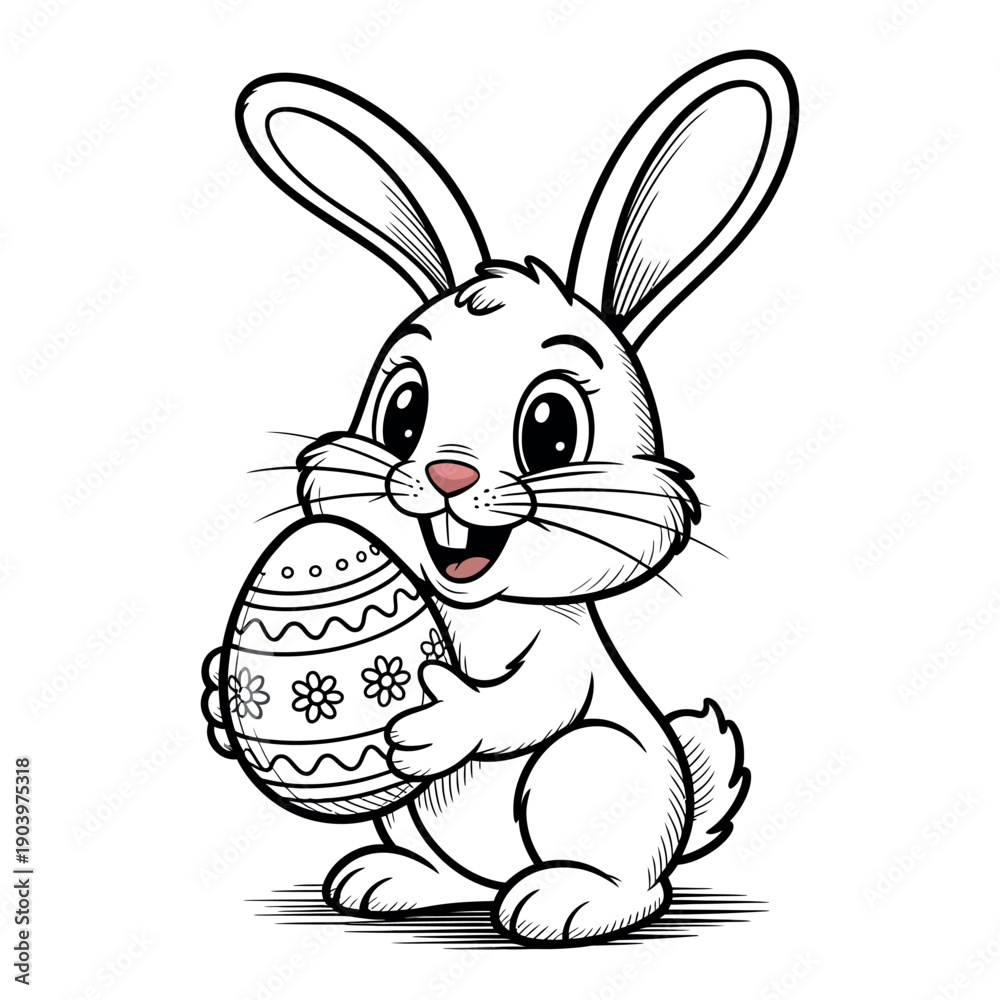 Fototapeta premium A cute cartoon bunny holding a decorated Easter egg